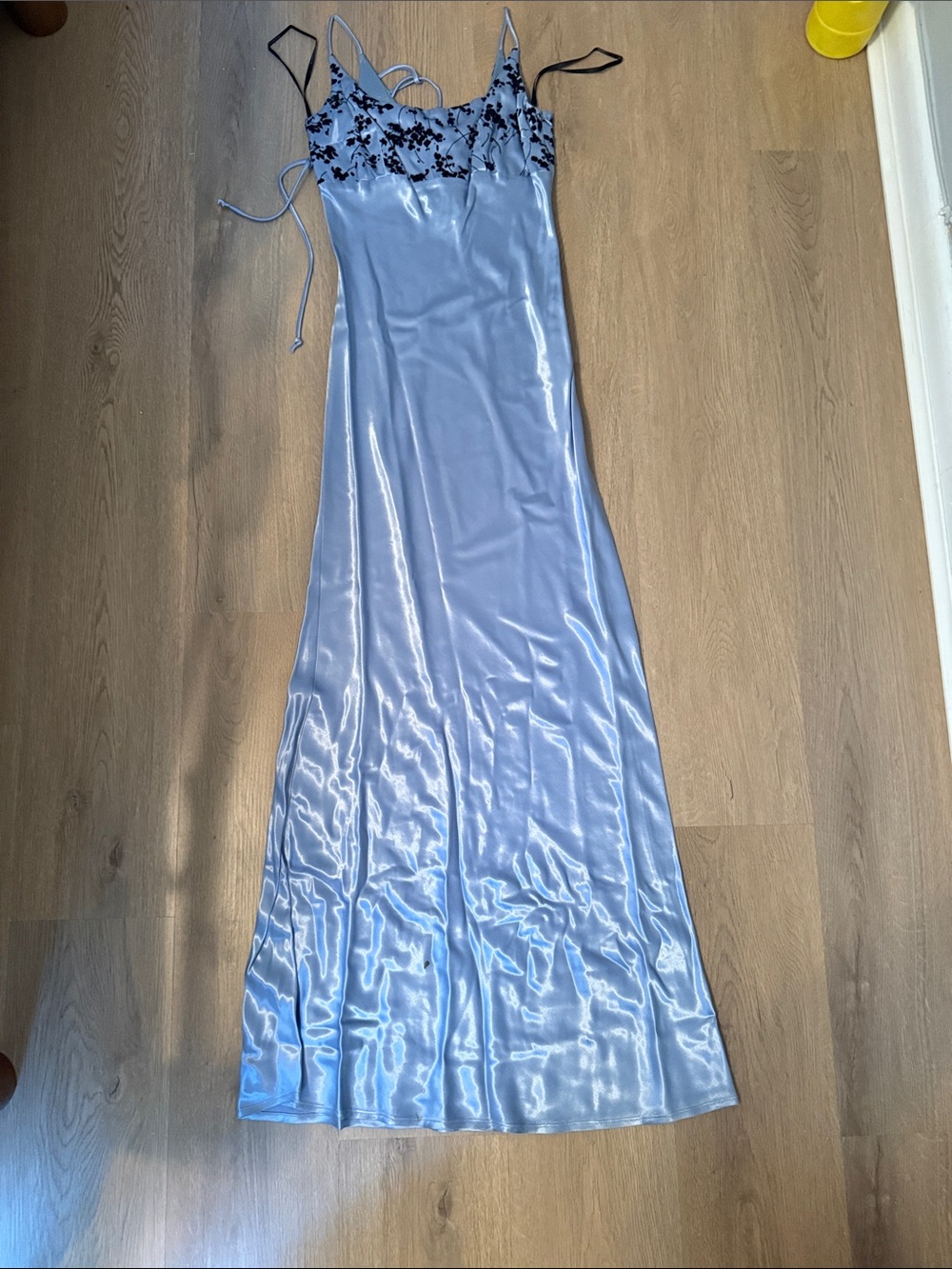 Rampage Light Blue Satin Dress with Black Floral Trim